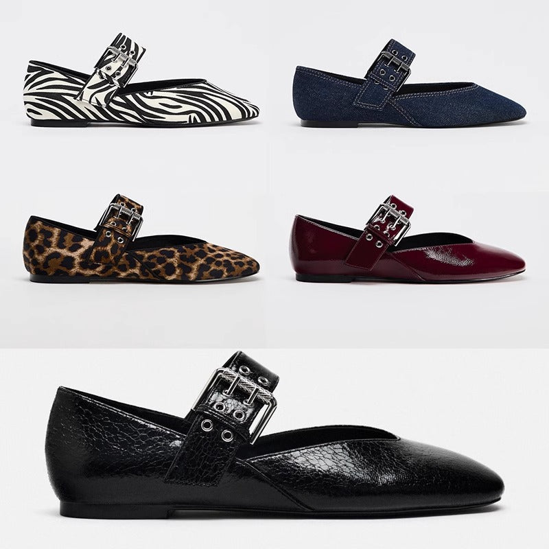Damen elegante Ballerinas mit Leopardenmuster und verstellbarem Riemen R&B
