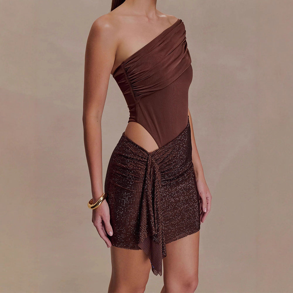 Damen Elegantes One-Shoulder Kleid mit funkelndem Rock R&B