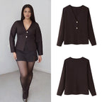 Damen elegante Strickjacke mit V-Ausschnitt und Knopfleiste R&B