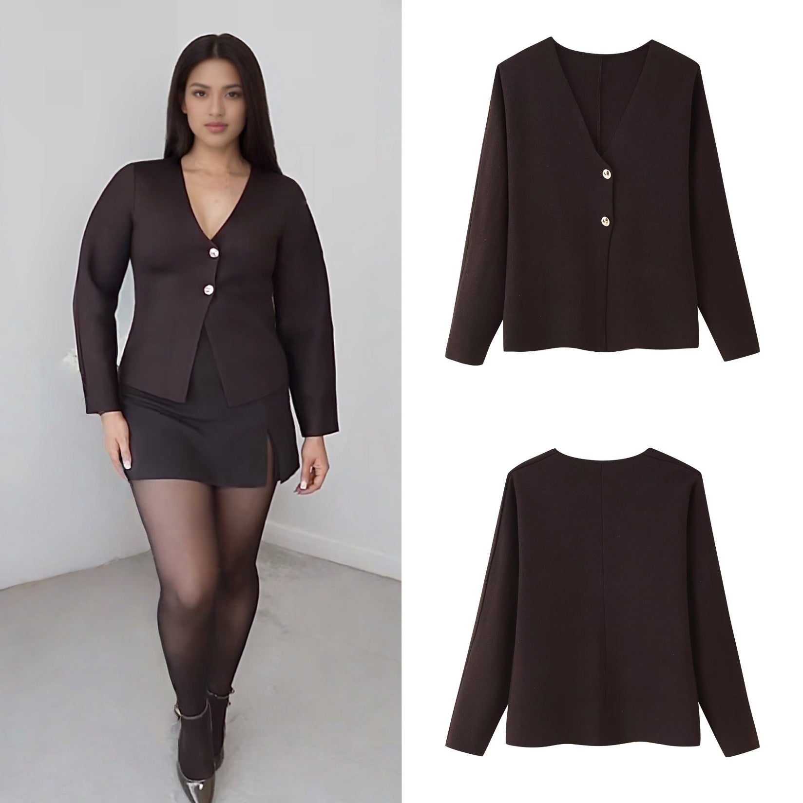 Damen elegante Strickjacke mit V-Ausschnitt und Knopfleiste R&B
