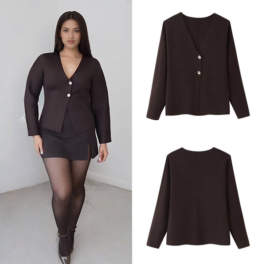 Damen elegante Strickjacke mit V-Ausschnitt und Knopfleiste R&B