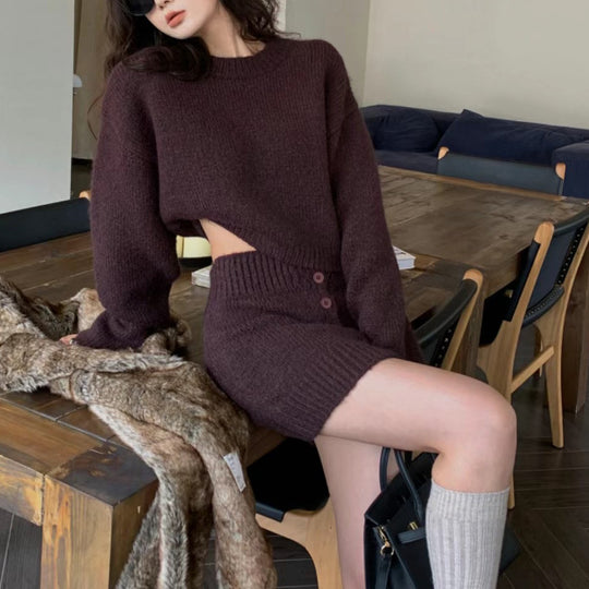Damen Strick-Set mit cropped Pullover und Minirock R&B