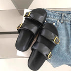 Damen modische Sandalen mit doppeltem Riemendesign und goldenen Schnallen R&B
