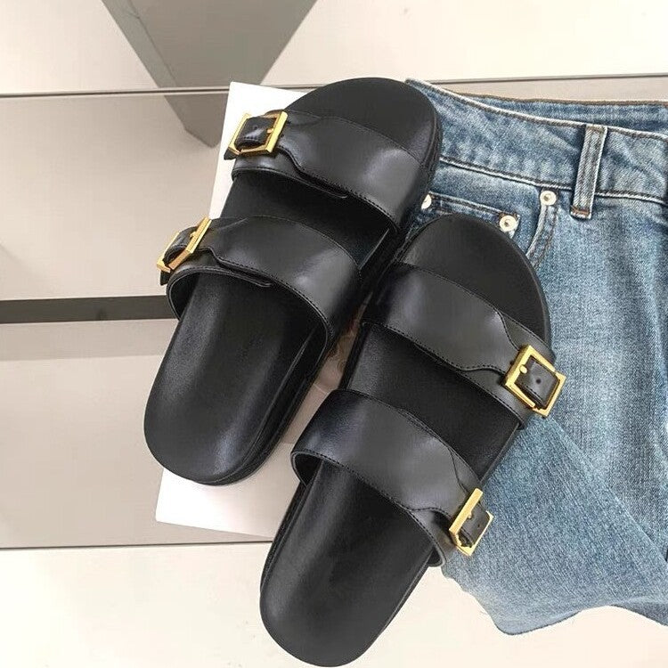Damen modische Sandalen mit doppeltem Riemendesign und goldenen Schnallen R&B