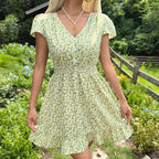 Damen Kurzarm Kleid mit floralen Mustern und elastischem Taillenband R&B