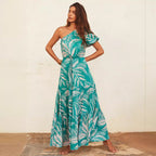 Damen Maxikleid mit asymmetrischem Schnitt und lR&Bhaftem Blattmuster R&B