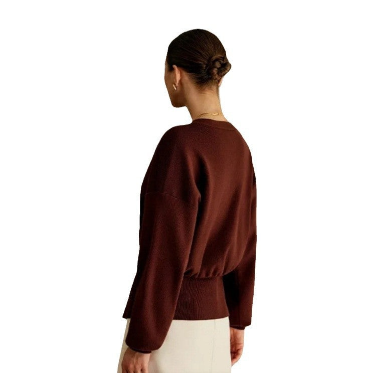 Damen Elegante Strickjacke mit tiefem V-Ausschnitt und dekorativem Knopf R&B