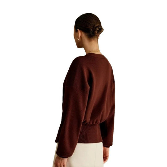 Damen Elegante Strickjacke mit tiefem V-Ausschnitt und dekorativem Knopf R&B