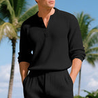 Herren nan geripptes Freizeit-Set mit Henley-Oberteil und elastischer Bundhose R&B