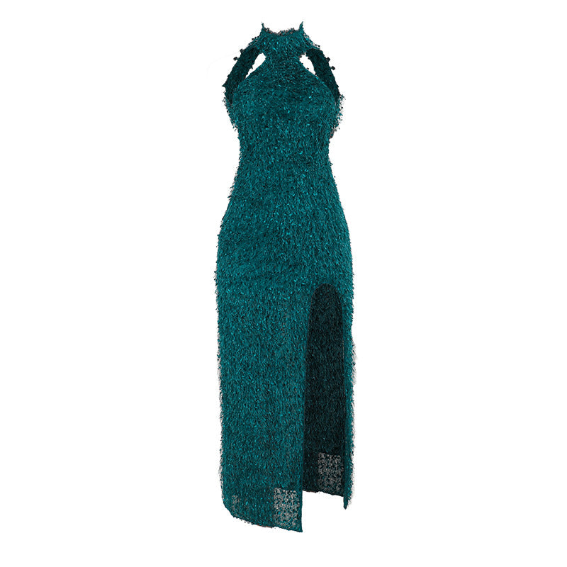 Damen elegantes Maxikleid mit hohem Schlitz und floralem Strukturdesign R&B