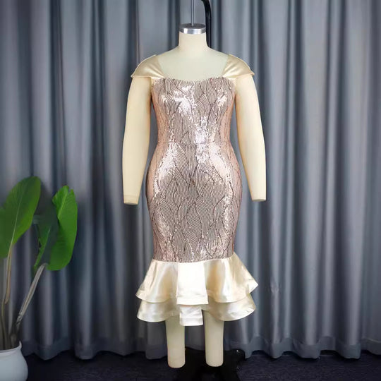 Damen glamouröses Abendkleid mit schimmernden Pailletten und voluminösem Rüschenabschluss R&B