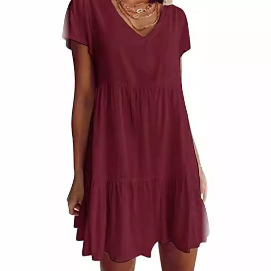 Damen luftiges V-Ausschnitt Kleid mit Rüschensaum und praktischen Taschen R&B