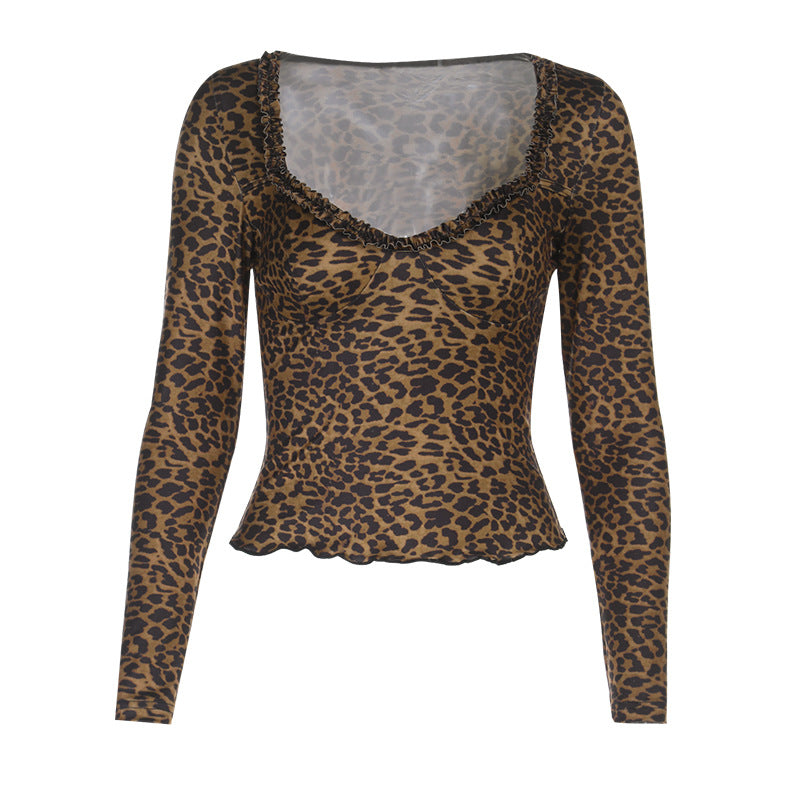 Damen elegantes Leopardenmuster Langarmoberteil R&B