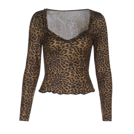 Damen elegantes Leopardenmuster Langarmoberteil R&B