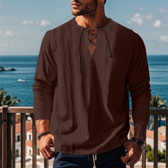 Herren modisches Langarmshirt mit Schnürung und V-Ausschnitt R&B
