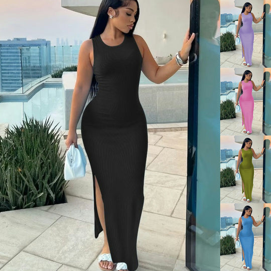 Damen elegantes Maxikleid mit hohem Schlitz und figurbetontem Schnitt R&B