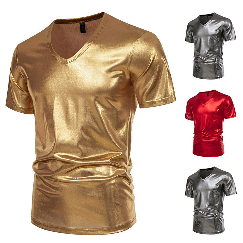 Herren V-Ausschnitt T-Shirt aus glänzendem Material mit persönlichem Stil R&B