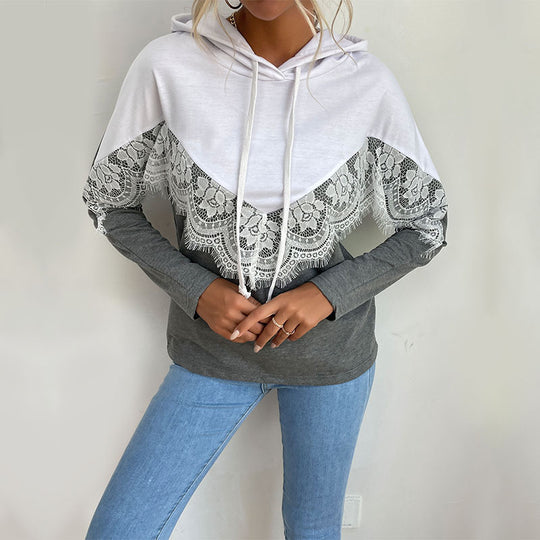 Damen Kapuzenpullover mit elegantem Spitzendesign und kontrastierenden Farben R&B