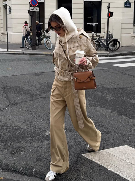 Damen modische Trenchcoat-Jacke mit Gürtel und Kapuze R&B