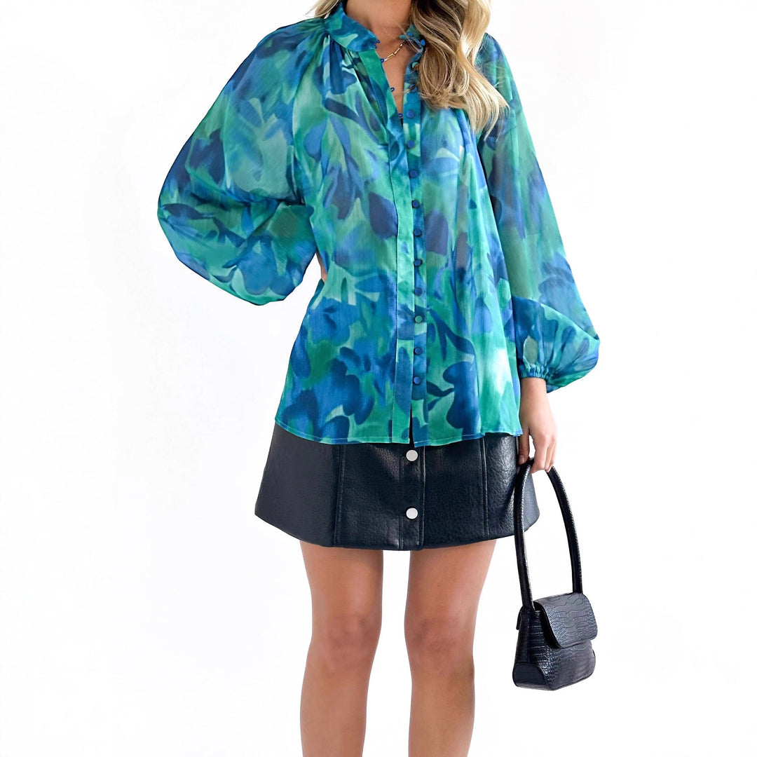 Damen Transparente Bluse mit Ballonärmeln und floralem Druck R&B