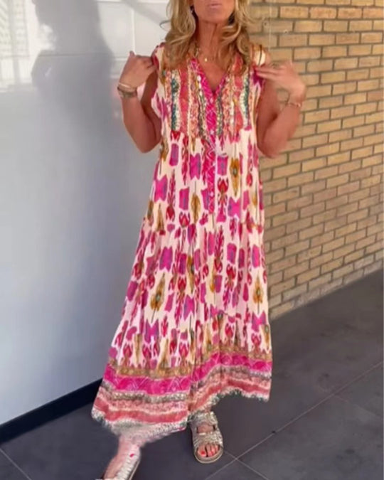 Damen nan fließendes Maxikleid im Boho-Stil mit V-Ausschnitt, Stufenrock und bestickter Passe R&B