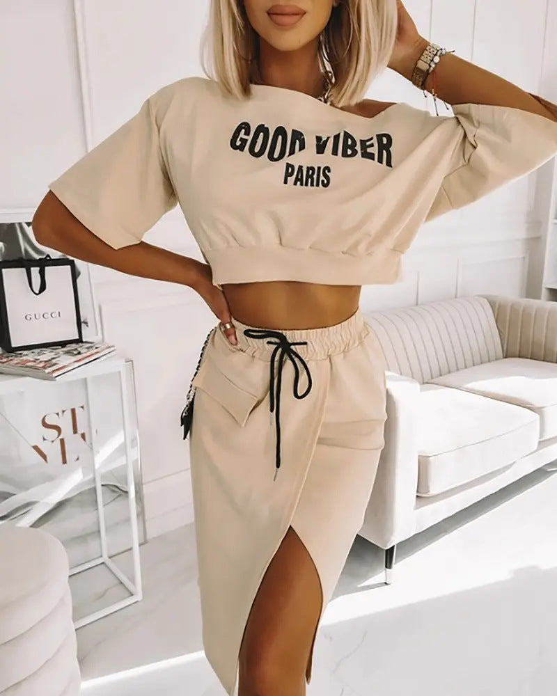 Damen lässiges Crop-Top und Rock Set mit seitlichem Schlitz R&B
