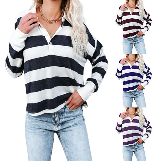 Damen lässiges Langarmshirt mit Streifenmuster und Knopfleiste R&B