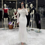 Damen Elegantes Spitzenkleid mit Off-Shoulder Design und Schößchen R&B