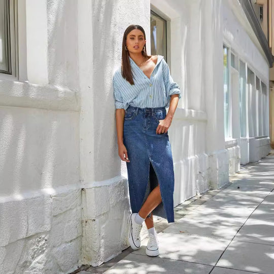 Damen Jeansrock mit modischem Schlitz und lässigem Schnitt R&B