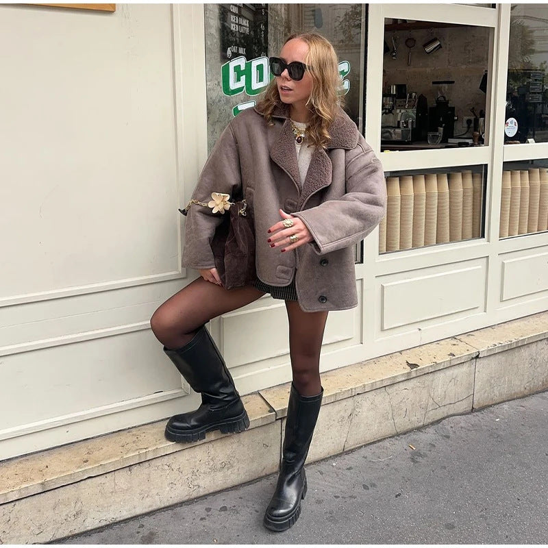 Damen Kunstlederjacke mit Teddyfutter R&B