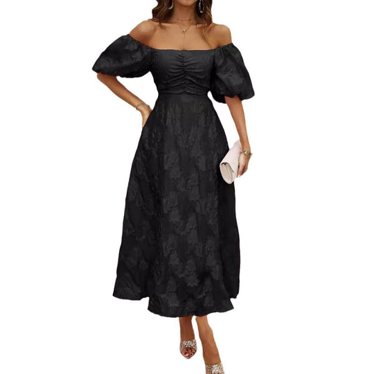 Damen Maxikleid mit schulterfreiem Design und voluminösen Puffärmeln R&B