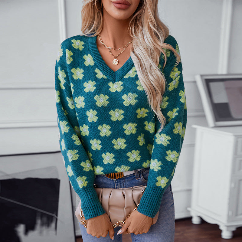 Damen Strickpullover mit floralem Muster und V-Ausschnitt R&B