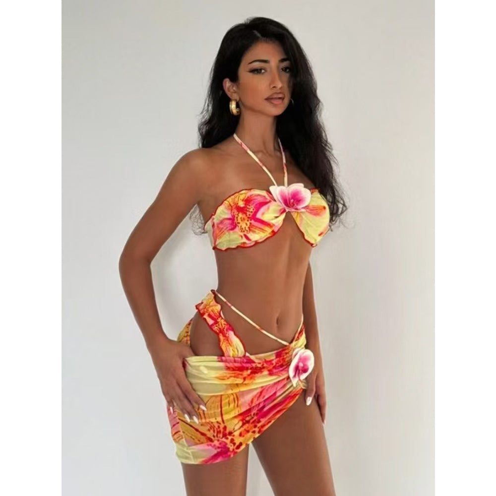 Damen Bandeau-Bikini mit floralem Design und Wickelrock R&B