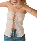 Damen Off-Shoulder Top mit Spitzenverzierungen und verspieltem Knoten R&B