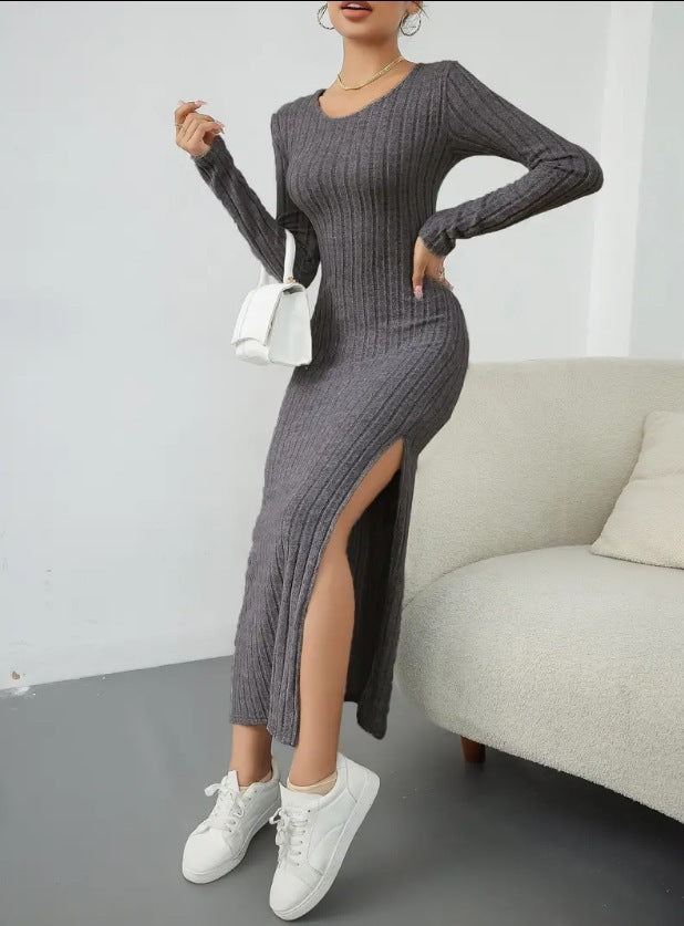 Damen Maxikleid mit seitlichem Schlitz und strukturiertem Rippdesign