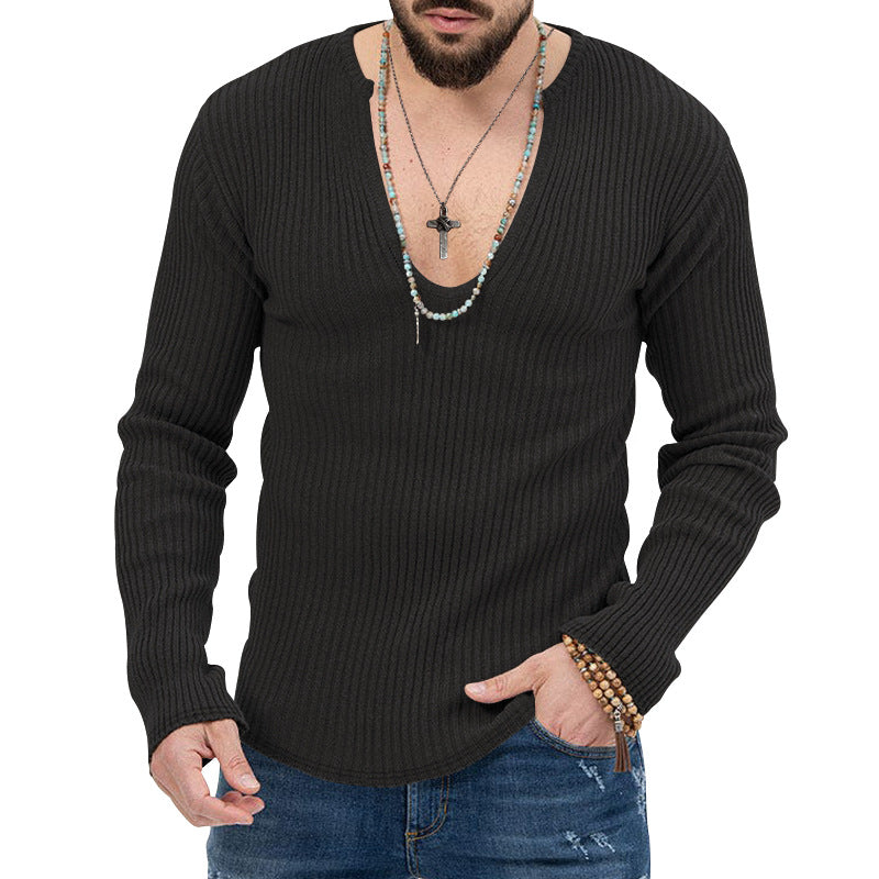 Herren lässiger Ripp-Pullover mit tiefem V-Ausschnitt und feiner Struktur R&B