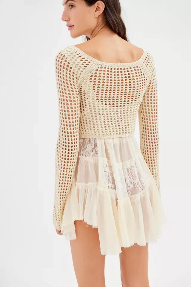 Damen gehäkeltes Crop-Top mit weiten Ärmeln und bunten Streifen R&B