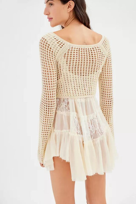 Damen gehäkeltes Crop-Top mit weiten Ärmeln und bunten Streifen R&B