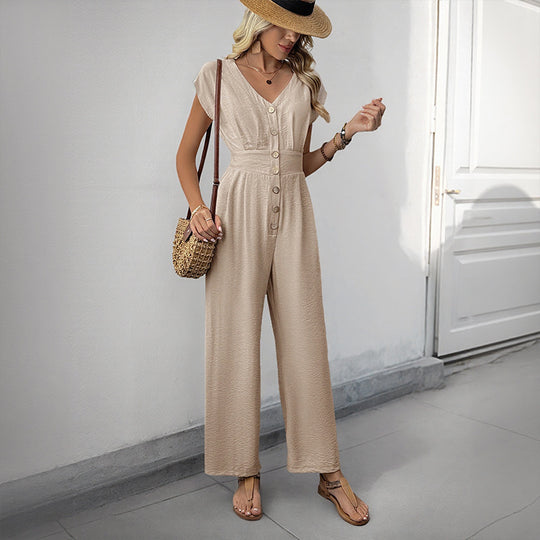 Damen eleganter Jumpsuit mit Knopfdesign und weitem Bein R&B