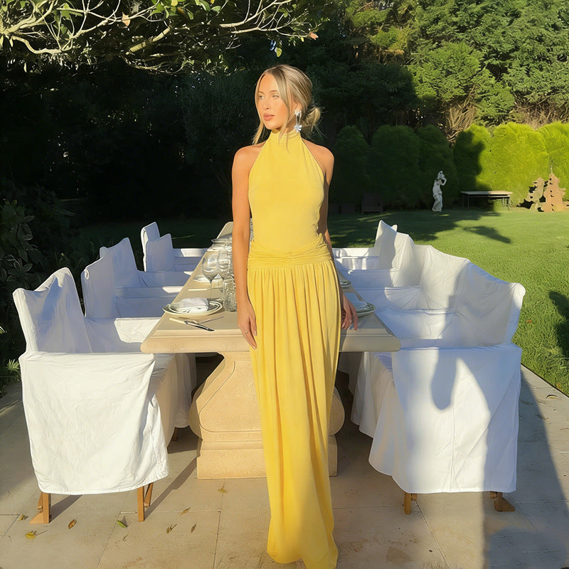 Damen elegantes Maxikleid mit raffiniertem Halterdesign und fließendem Rock R&B