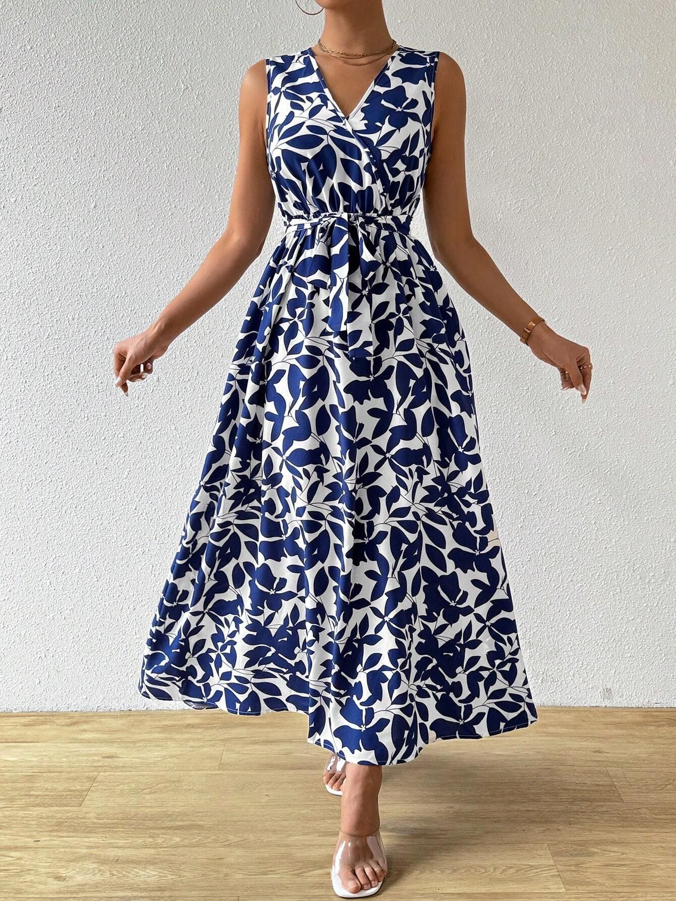 Damen nan Wickel-Maxikleid mit V-Ausschnitt und gR&Bundenem Taillengürtel R&B