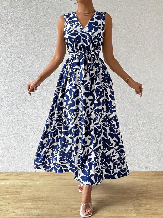 Damen nan Wickel-Maxikleid mit V-Ausschnitt und gebundenem Taillengürtel R&B