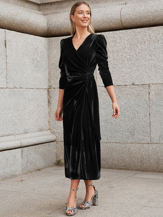 Damen Elegantes Wickelkleid mit Puffärmeln und Goldakzenten R&B