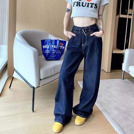 Damen Weite Jeans mit modischem Gürtel und einzigartigem Schnitt R&B