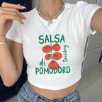 Damen Crop-Top mit kreativem Tomatenmotiv und witzigem Schriftzug R&B