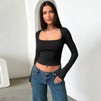 Damen Langarmcroptop mit originellem U-Ausschnitt und figurschmeichelndem Schnitt EB