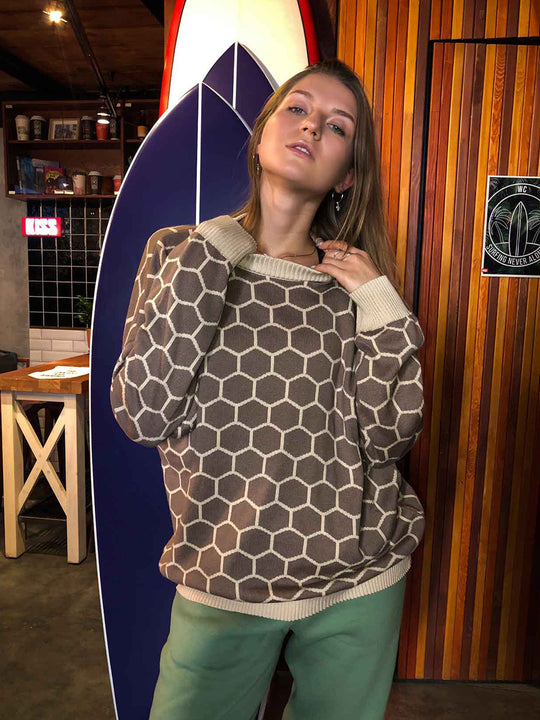Damen Kreativer Strickpullover mit Wabenmuster R&B