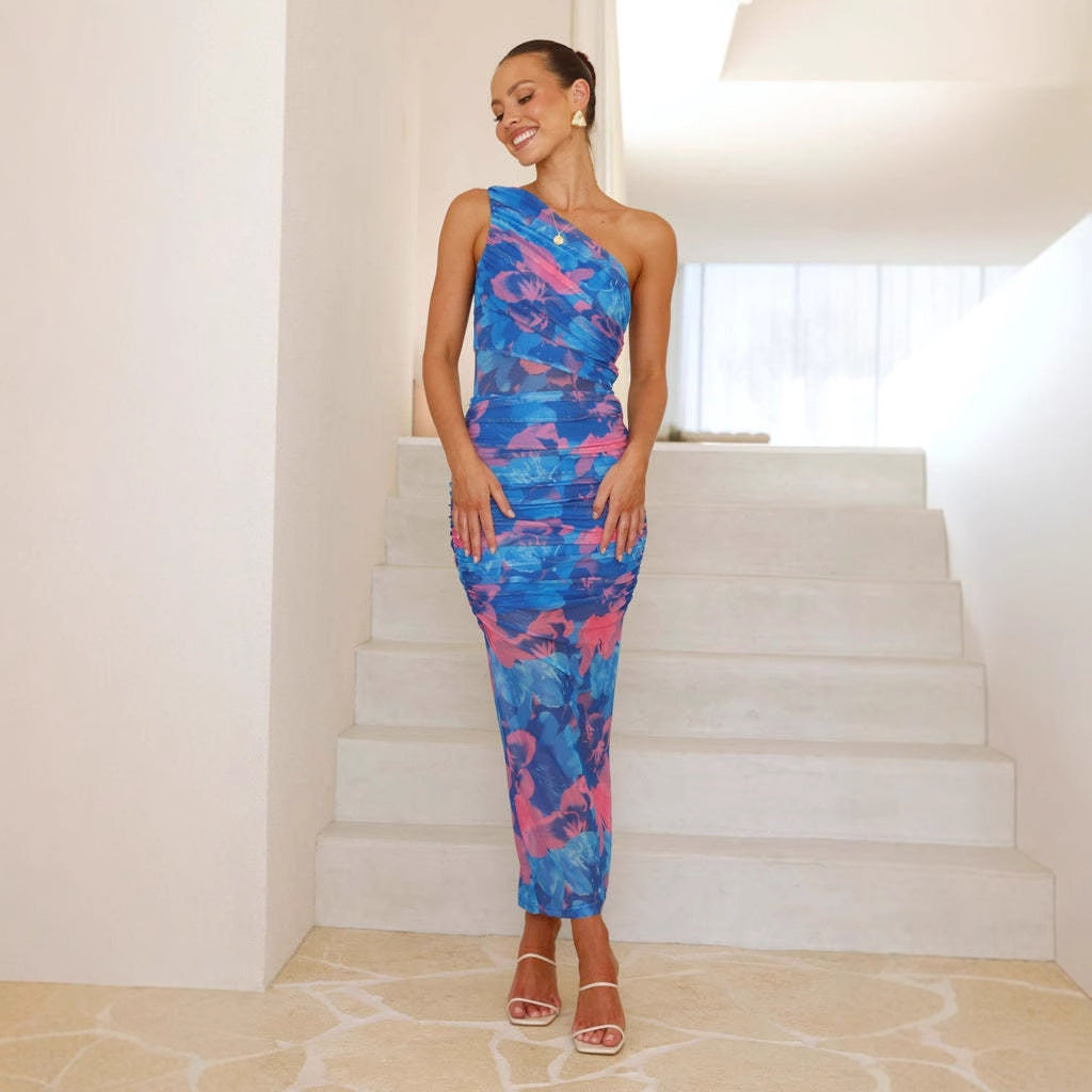 Damen Midikleid mit asymmetrischem Träger und floralem Raffdesign R&B