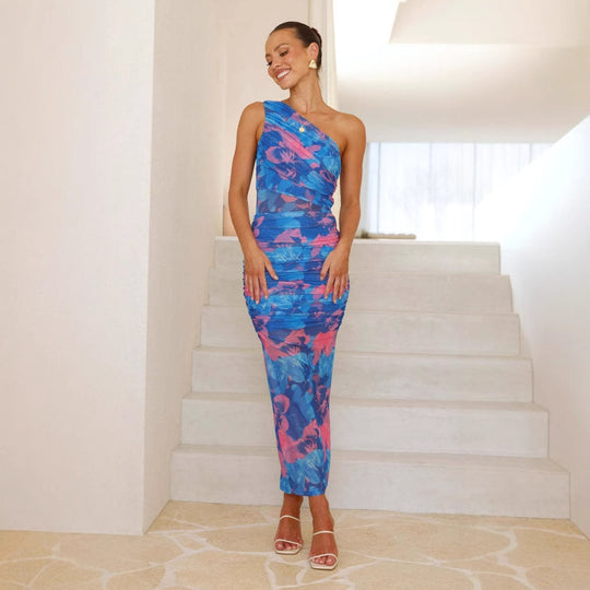 Damen Midikleid mit asymmetrischem Träger und floralem Raffdesign R&B