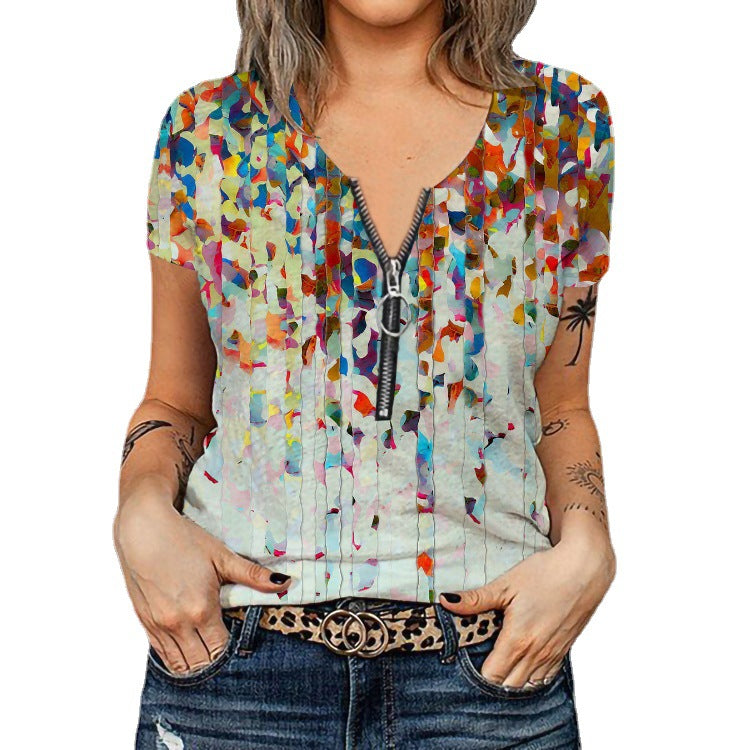 Damen Modisches T-Shirt mit Reißverschluss und floralem Design R&B